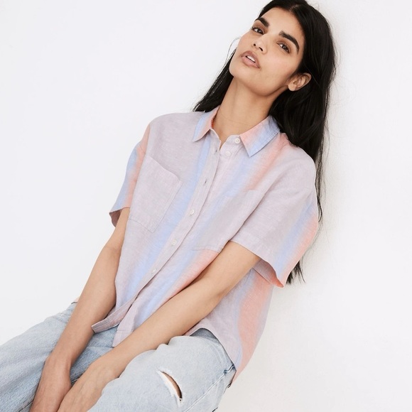 Madewell 100% Linen Beachside Shirt Small Ombré Stripe‎ blue coral boxy top - Picture 10 of 10